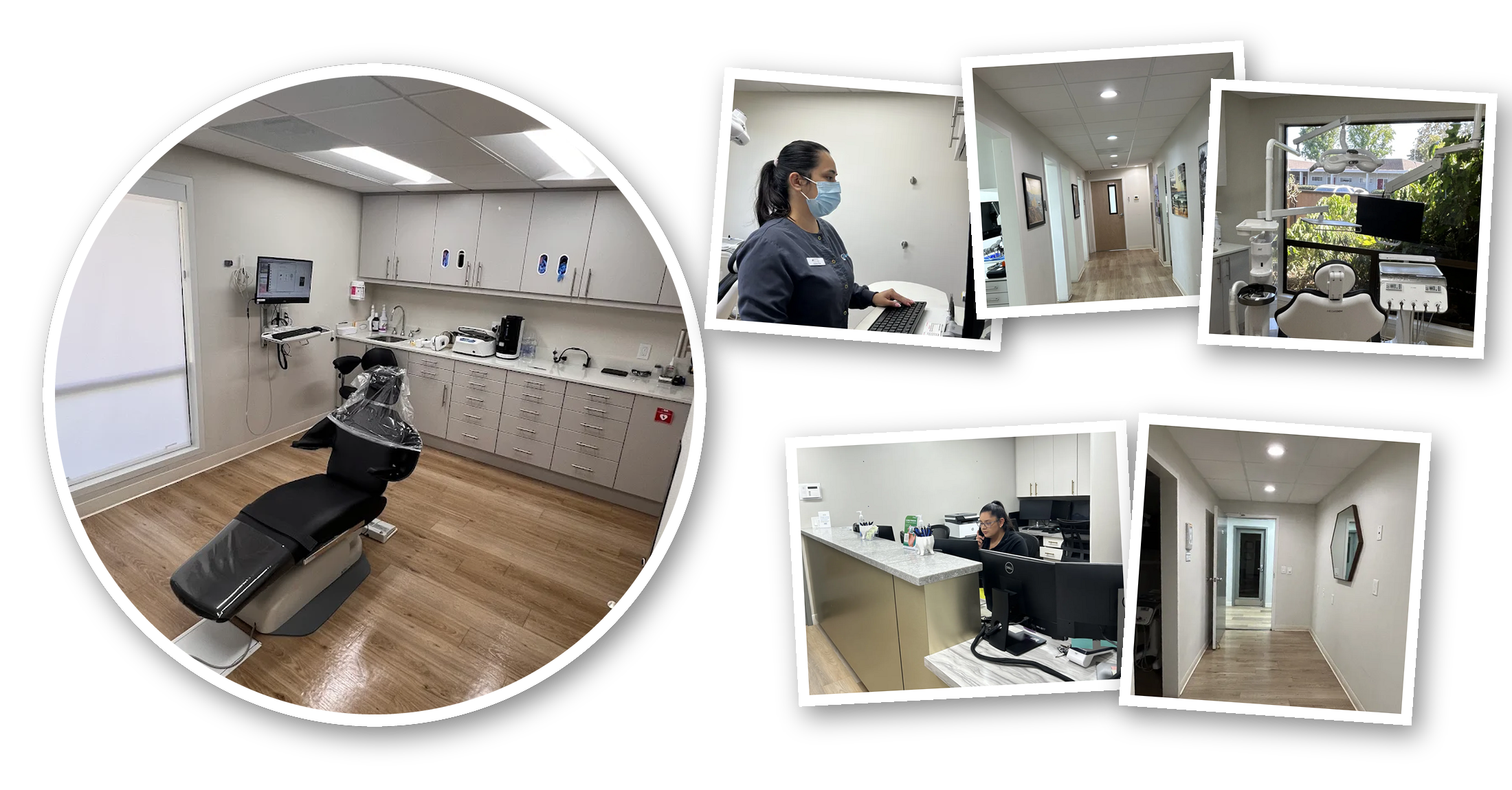 A collage of Lotus Dental Group's modern San Jose office — treatment rooms, front desk, and hallways